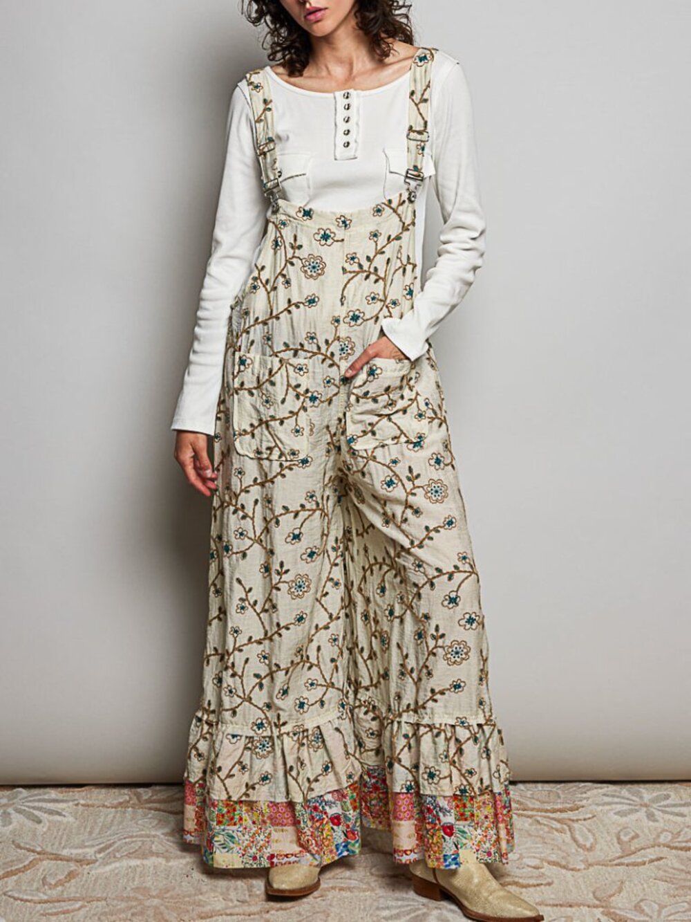 POL Natural Green Floral Denim Overalls